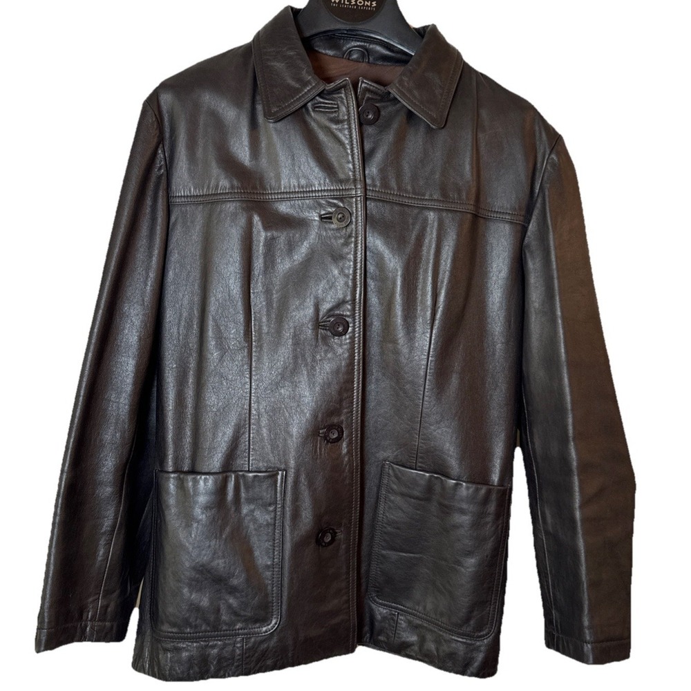 Nine West Women's Brown Leather Jacket Coat Size Large Button Front Mid Length